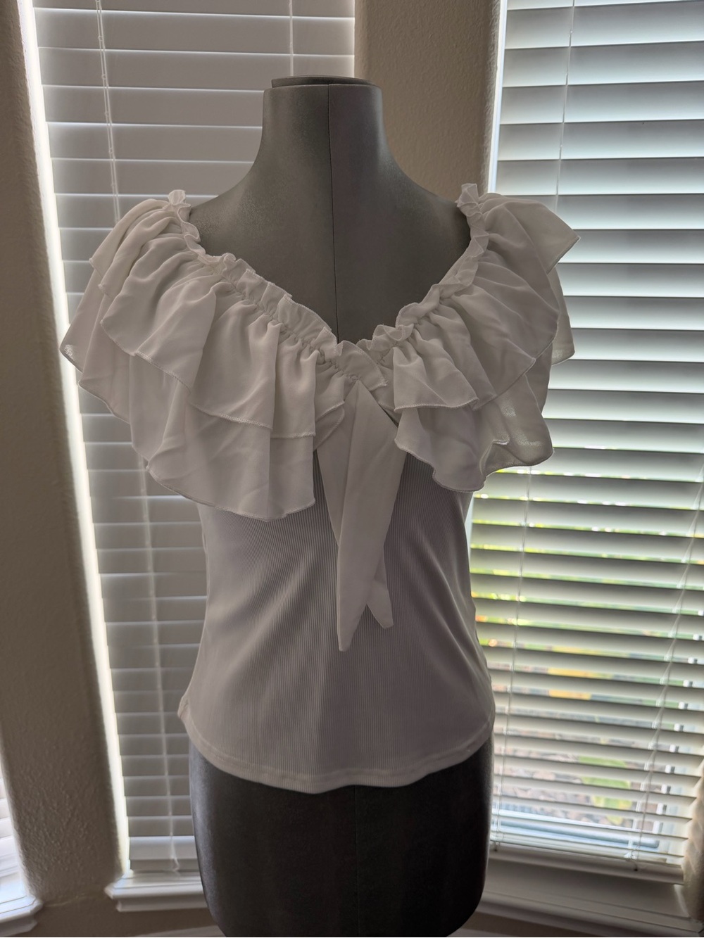 Women's White Ruffle Off-Shoulder Tie-Front Top